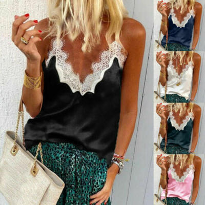 

USA Women Sexy Satin Silk V-Neck Lace Vest Camisole Crop Tank Tops Shirt Blouse
