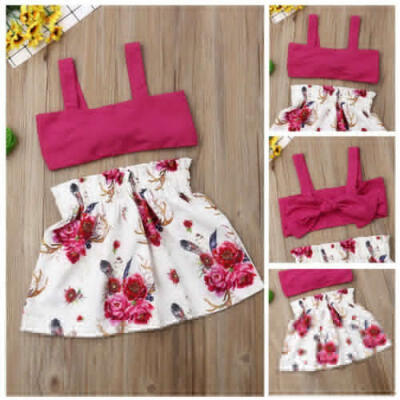 

US Toddler Kids Baby Girl Solid Tops Floral Dress Skirt 2PCS Outfits Set Sunsuit