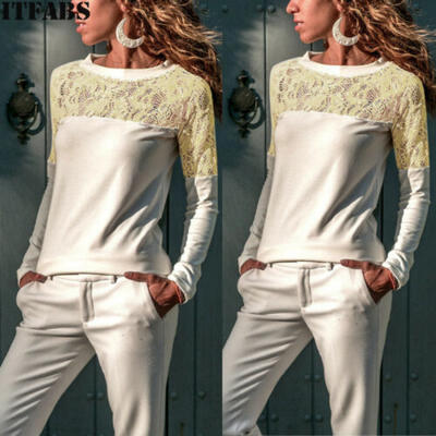 

Women Sexy Solid Lace Cold Shoulder Long Sleeve Slim Blouse Top T-Shirt -XL