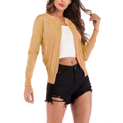 

Toponeto Women Openwork Solid Knit Cardigan Round Neckline Pearl Button Coat