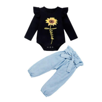 

US Baby Girl Clothes Long Sleeve Sunflower TopsBowknot Denim Pants Outfit Set