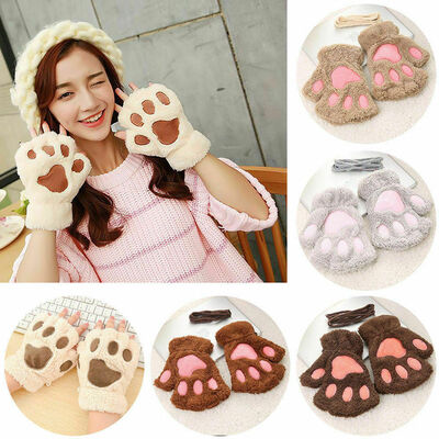 

Winter Women Cute Cat Claw Paw Plush Mittens Short Fingerless Gloves Half Finger