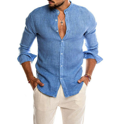 

New Summer Mens Linen Long Sleeve V-neck Shirt Loose Casual Shirts Tops