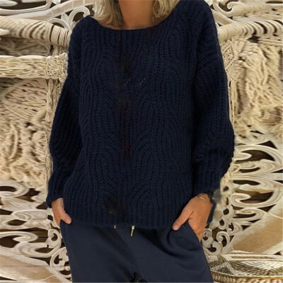 

Women Casual Loose Knitted Sweater Tops Round Neck Long Sleeve Solid Pullover