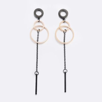 

304 Stainless Steel Dangle Stud Earrings Donut&Chain Gunmetal & Rose Gold 86x19x12mm Pin 08mm