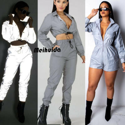 

Women Reflective Outfits Crop Tops Pants Sets Two Piece Jumpsuit Playsuit