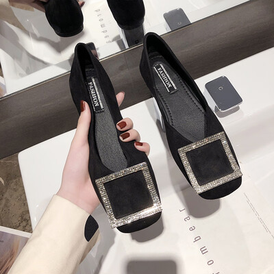 

Bean shoes women flat bottom summer Korean rhinestone Joker soft bottom shallow square head shoes women tide