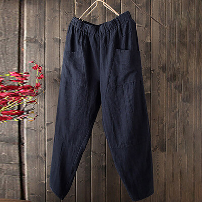 

Women Pure Color High Waist Wide Leg Pants Cotton Linen Trousers Loose Pants