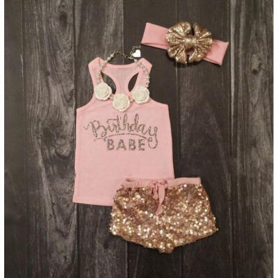 

Cotton Baby Girls Short Sleeve Tops Romper Sequin Pants Outfits 3Pcs Set Clothes