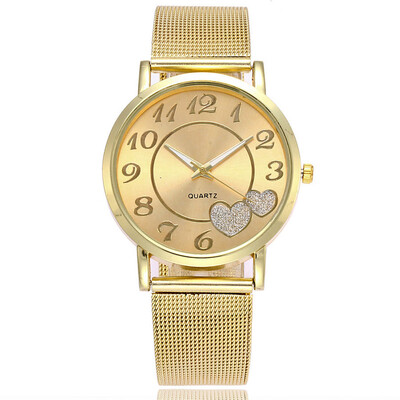 

Europe&the United States hot sale HUNAS gold mesh belt watch fashion grid scale ladies watch peach heart watch