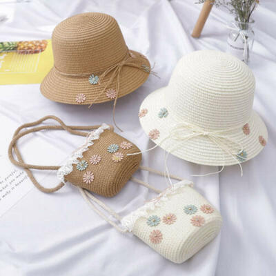 

Girls Kids Beach Bucket Breathable Cap Straw Sun HatShoulder Handbag Bag Set US