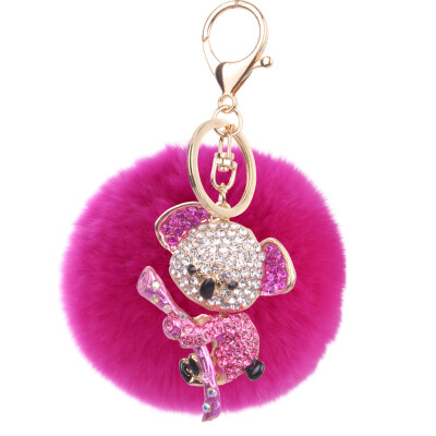 

8cm rex rabbit fur ball alloy diamond koala keychain cartoon couple bag car pendant