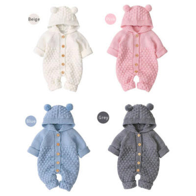 

Newborn Baby Boys Girls Bear Ear Knit Romper Hooded Wool Sweater Jumpsuit Outfit