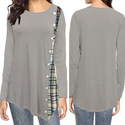 

Nomeni Women Casual O-Neck Long Sleeve Button Plaid Patchwork Irregular Hem Top Blouse