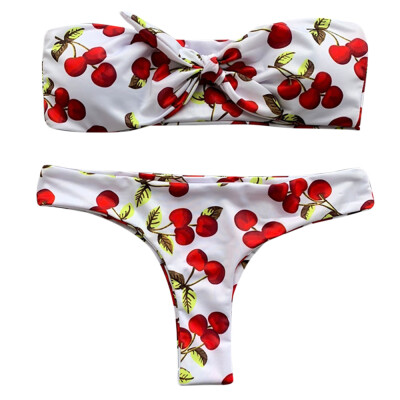 

Women Cherry Printed Knot Design Bikini Set Swimsuit Swimwear