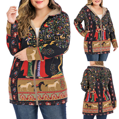 

Toponeto Womens Winter Warm Outwear Print Hooded Pockets Vintage Oversize Hasp Coats