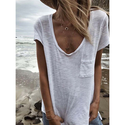 

Nomeni Women Casual Solid Pocket Blouse Short Sleeve Loose Top Shirt Tee