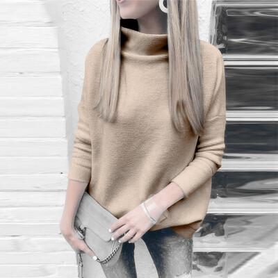 

Tailored Women High Neck Solid Color Pullover long Sleeve Loose Knitted Sweater Tops