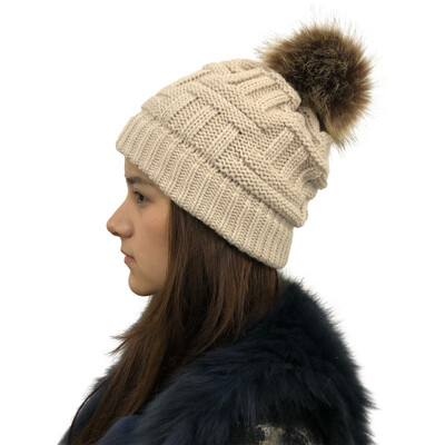 

Tailored Women Stitching Outdoor Faux Fur Ball Hats Crochet Knit Holey Beanie Cap
