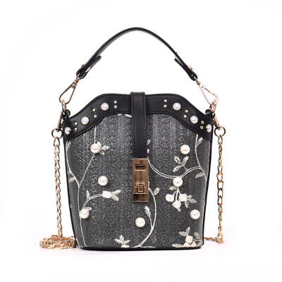 

Pearl Flower Decor Shoulder Handbags Women Straw Chain Crossbody Bucket Bag