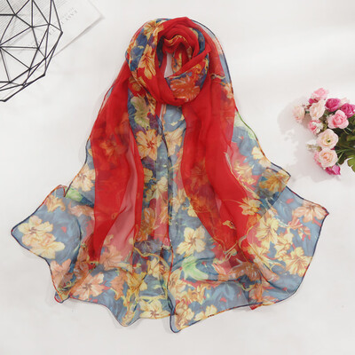 

Gobestart Fashion Women Flower Print Long Soft Wrap Scarf Simulation Silk Shawl Scarves