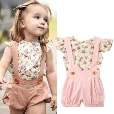 

Summer Kids Baby Girls Outfit Fly Sleeve Floral T Shirt Suspender Shorts Pants Set