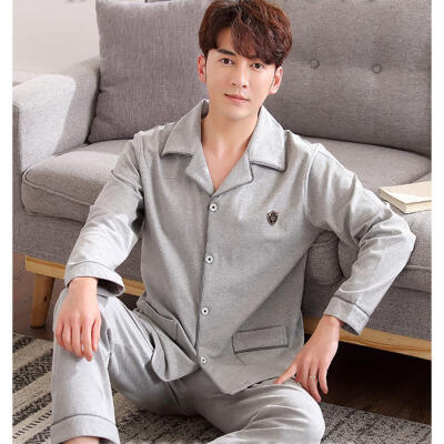 

Soft Spring Autumn Mens Pajamas Set Sleepwear Long-Sleeved Turn-Down Collar Plus Size Nightwear Homewear