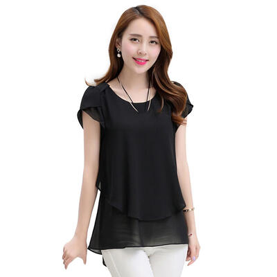 

Plus Size 2 Layer Pure Color Chiffon Tees Women Short Sleeve Irregular Tops