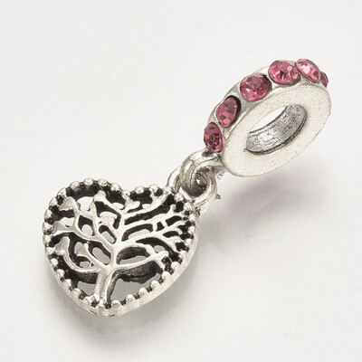 

Alloy Rhinestone European Dangle Beads Large Hole Pendants Heart with Tree Antique Silver Rose 25mm