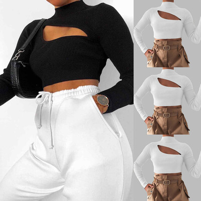 

Women High Collar Hollow Long Sleeve Bodycon Blouse Tops Casual Slim Shirt