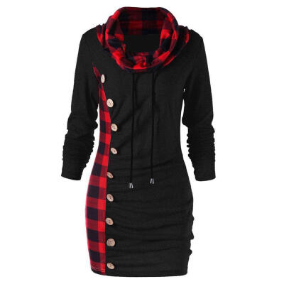 

Women Straight-breasted Plaid Splicing High Neck Long Slim Daily Sweatshirt