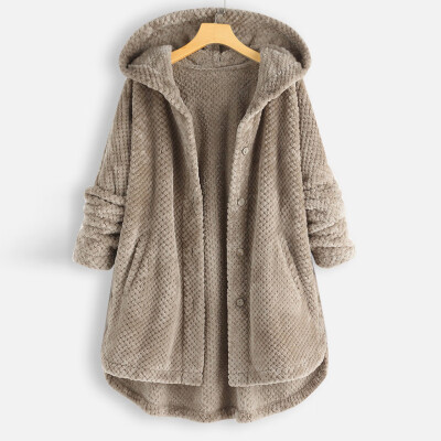 

Tailored Plus Size Women Fleece Irregular Long Sleeve Button Pocket Hooded Coat