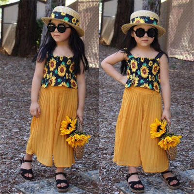 

2pcs Toddler Kids Baby Girl Sunflower Sling Tops T-shirt Long Pants Outfits Set