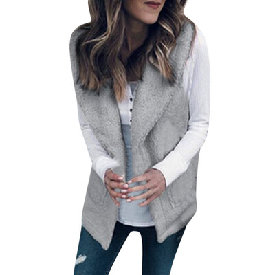 

Toponeto Women Casual Sleeveless Solid Stand Warm Wool Pockets Cardigan Coat Outwear