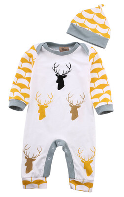 

Fashion Toddler Kids Baby Boy Girl Deer Long Romper Jumpsuit Hat Outfits Cartoon Animal Cotton Clothes