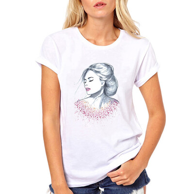 

Starmoon Women Cartoon Girl Print Round Neck Short Sleeved White T-shirt Blouse