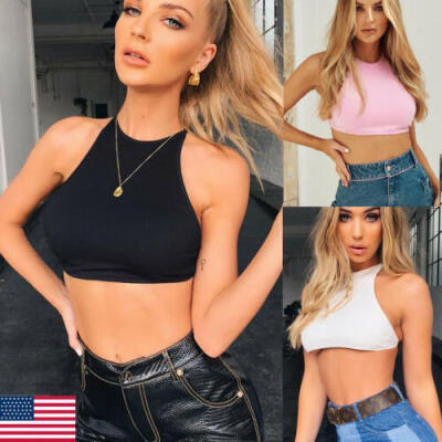 

USA Women Casual Basic Solid Sleeveless Racerback Crop Top Shirt Sleeveless