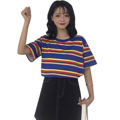 

Summer Women Casual Loose Stripe Printed T-shirts Harajuku O-neck Short Sleeve Cozy Casual Student Tee Tops tee shirt femme