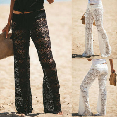 

Women See Through Beach Mesh Sheer Wide Leg Pants High Waist Bikini Cover Up
