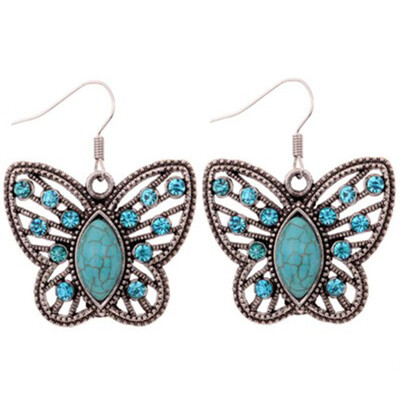 

Tibetan Silver Turquoise Crystal Flower Butterfly Pendant Earrings Jewelry