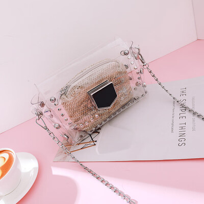 

New Fashion PVC Transparent Fashion Women Shoulder Bag Rivet Lock Brand Designer Clear Messenger Bag Casual Small Square Bag
