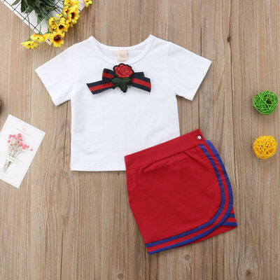 

Cute Newborn Kids Baby Girls Bow Flower Tie Tops T-shirt Skirts Outfits Clothes