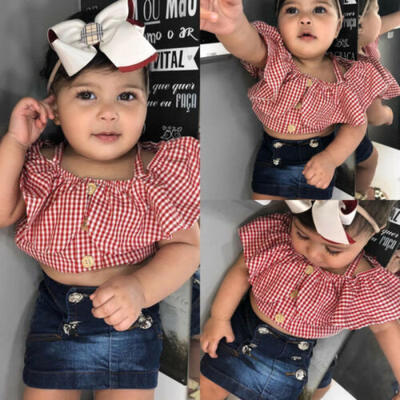 

UK 2PCS Kids Baby Girl Summer Clothes Plaid Ruffle Tops Denim Dress Skirt Outfit