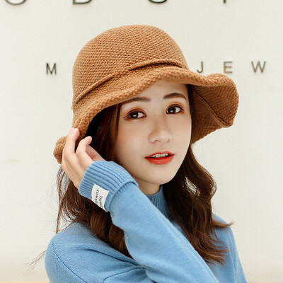 

2019 autumn&winter new Korean knitted woollen hat pure color lady turn over the rope bow warm the basin cap