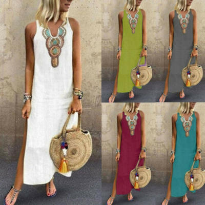 

Women Sleeveless Summer Casual Boho Floral Maxi Print Dress Ladies Holiday Beach