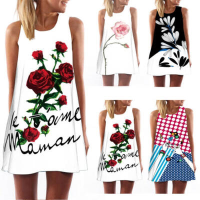 

UK Stock Women Sleeveless Chic Printed Beach Casual Loose Mini Shirt Beach Dress