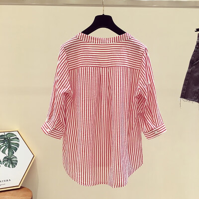 

Women Summer Fashion All-match Casual Loose Concise Striped Three Quarter Sleeve Shirts