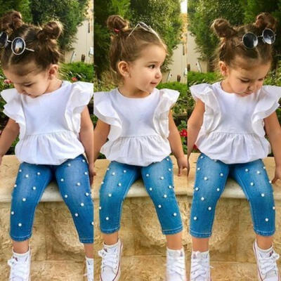

Toddler Kids Baby Girl Sleeveless Tops Shirt Pearl Denim Pants Jeans Outfits