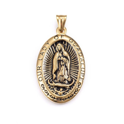 

304 Stainless Steel Pendants Oval with Word Our Lady of Guadalupe Antique Golden 45x28x4mm Hole 9x5mm