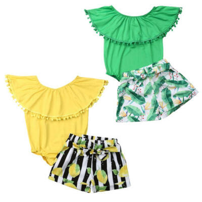 

US Toddler Kids Baby Girl Infant Solid Clothes Romper Tops Short Pants Outfits